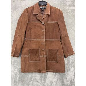 VTG Outer Edge Women's Leather Jacket Large Brown Pockets Button Up‎